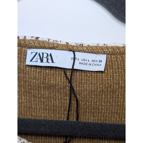 ZARA Tobacco Brown knit sweater with contrasting print ruffle collar Size L - Picture 4 of 12